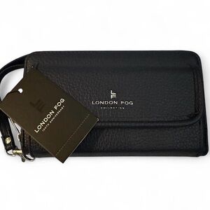 London Fog Fiona Pebble Leather Wristlet Wallet Navy Blue Zip Around NWT